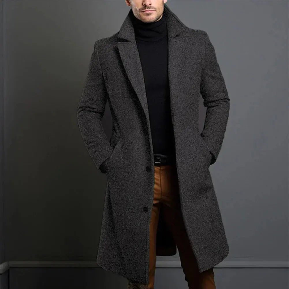 Men's Tailored Long Winter Overcoat | Single Breasted Longline Fit Angle