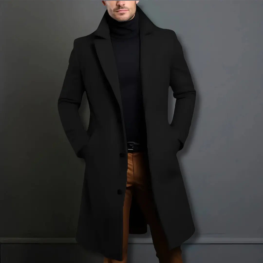 Men's Tailored Long Winter Overcoat | Single Breasted Longline Fit Detail