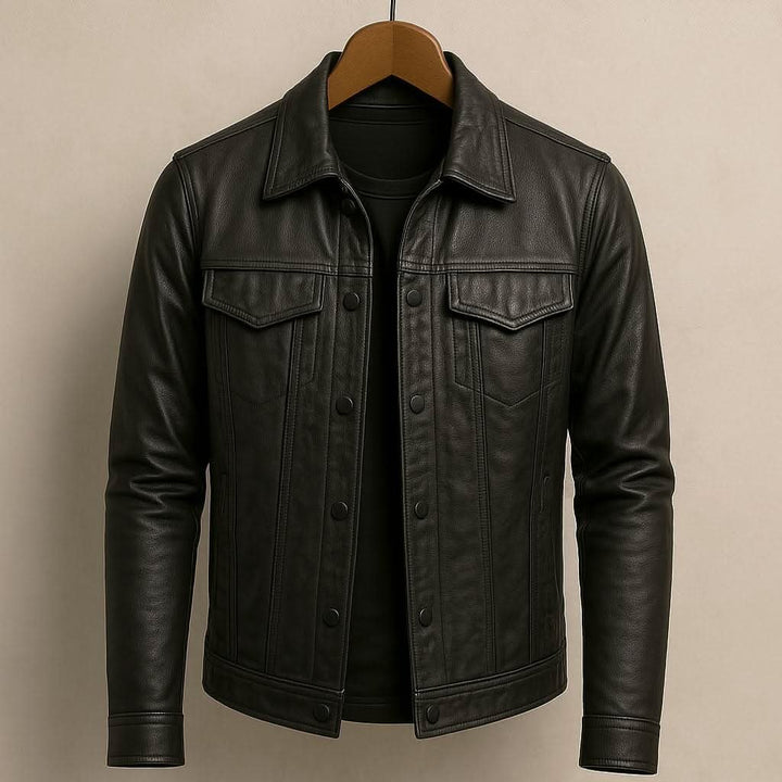 Men's Trucker Leather Jacket | Slim Fit Night Edge Angle