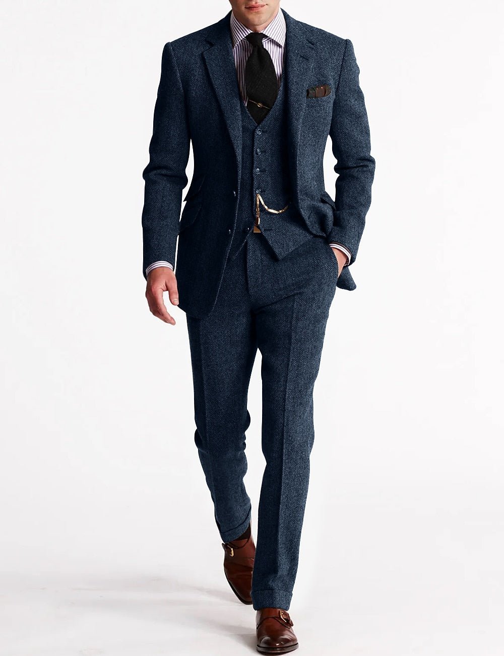 Men's Tweed Three-Piece Suit | Peak Lapel with Pocket Watch Chain Angle