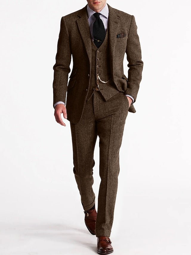 Men's Tweed Three-Piece Suit | Peak Lapel with Pocket Watch Chain Back
