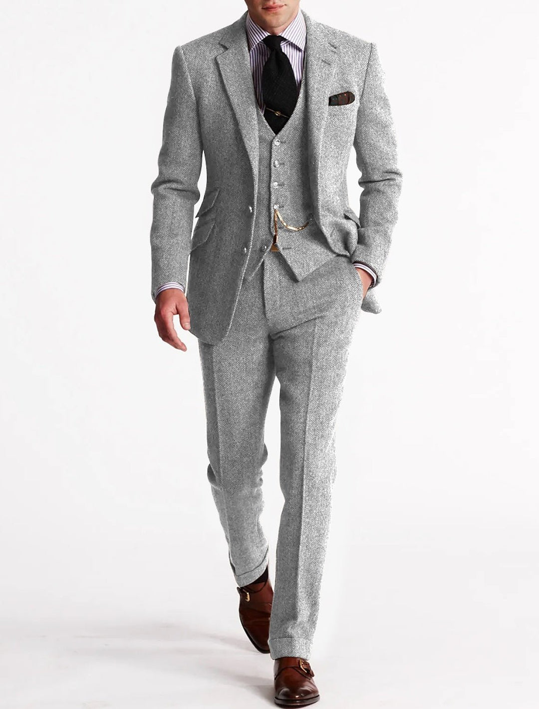 Men's Tweed Three-Piece Suit | Peak Lapel with Pocket Watch Chain Close Up