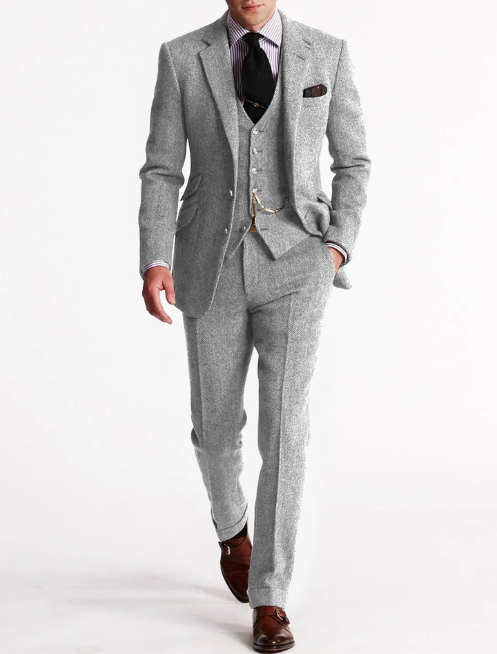 Men's Tweed Three-Piece Suit | Peak Lapel with Pocket Watch Chain Close Up