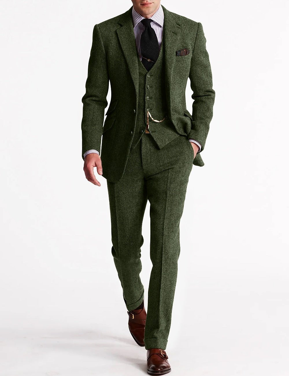 Men's Tweed Three-Piece Suit | Peak Lapel with Pocket Watch Chain Detail