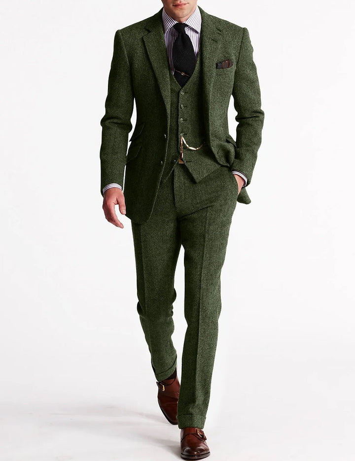 Men's Tweed Three-Piece Suit | Peak Lapel with Pocket Watch Chain Detail