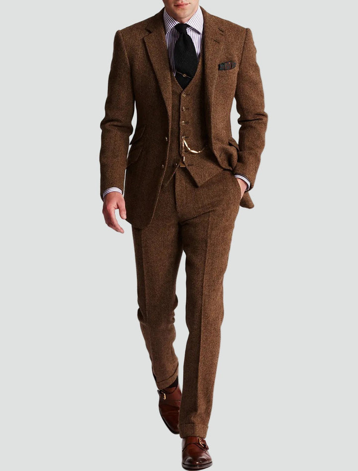 Men's Tweed Three-Piece Suit | Peak Lapel with Pocket Watch Chain Front