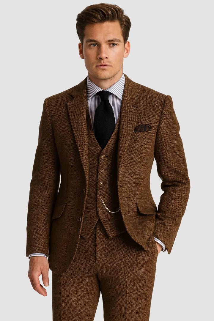 Men's Tweed Three-Piece Suit | Peak Lapel with Pocket Watch Chain Hero