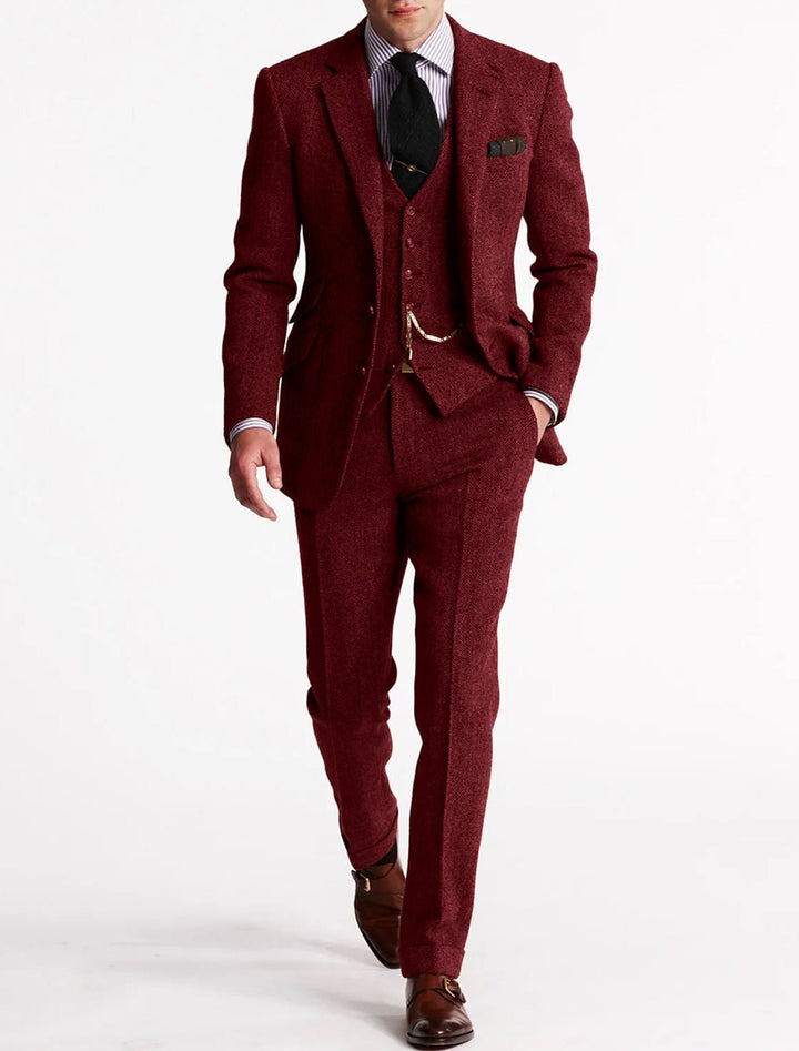 Men's Tweed Three-Piece Suit | Peak Lapel with Pocket Watch Chain Side