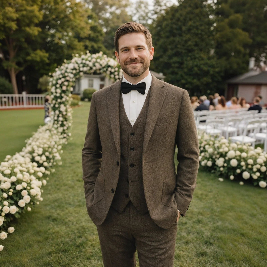 Men's Tweed Wedding 3-Piece Suit | Waistcoat Tailored Formal Set Detail