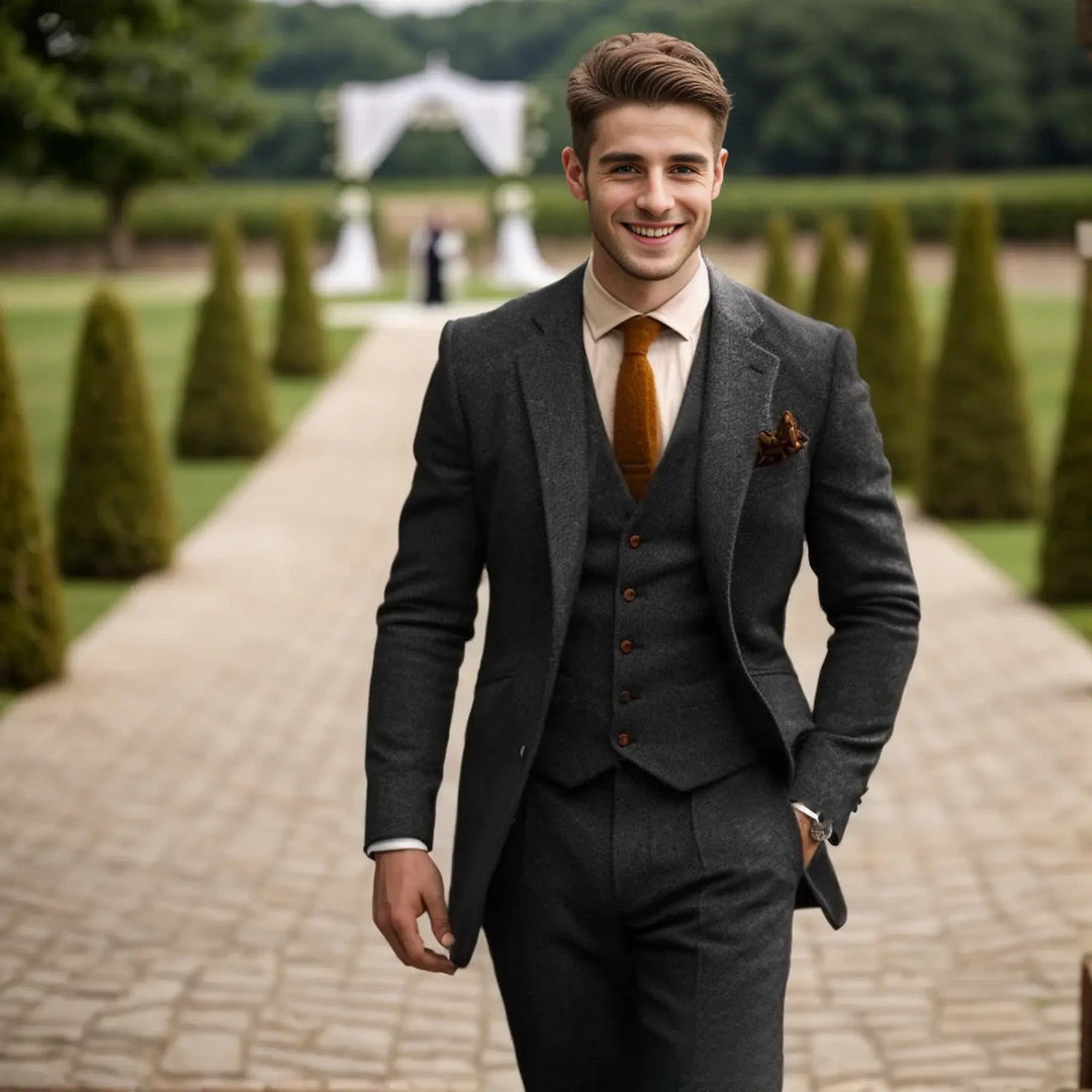 Men's Tweed Wedding 3-Piece Suit | Waistcoat Tailored Formal Set View 22
