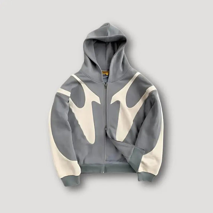 Men's Urban Streetwear Zip Hoodie | Flame Panel Patchwork Detail