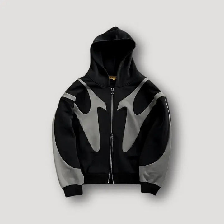 Men's Urban Streetwear Zip Hoodie | Flame Panel Patchwork Front