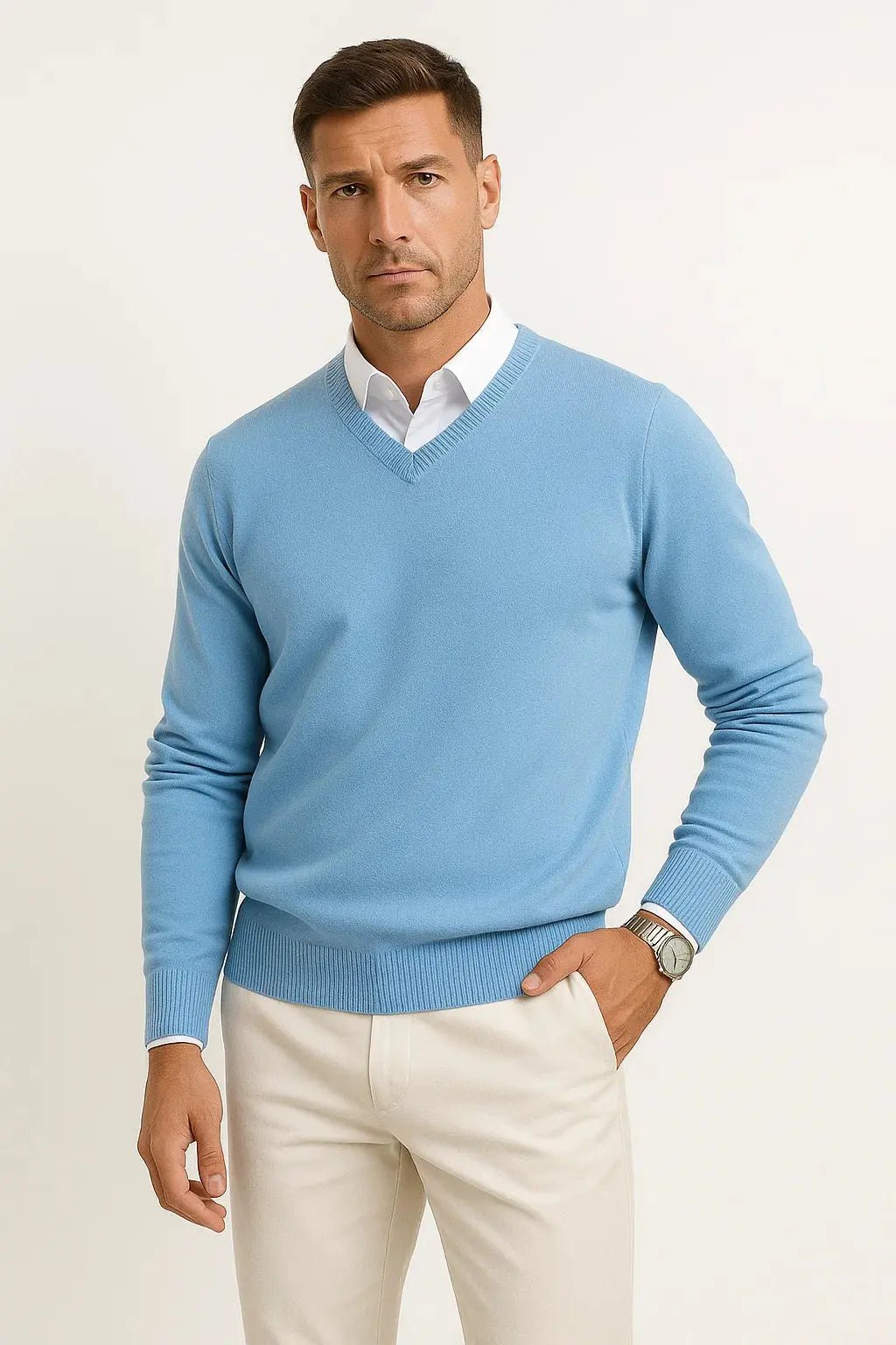Men's V-Neck Wool Jumper | Slim Fit Elegant Casual Pullover Back