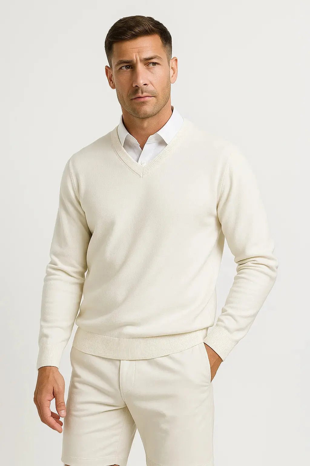 Men's V-Neck Wool Jumper | Slim Fit Elegant Casual Pullover Close Up