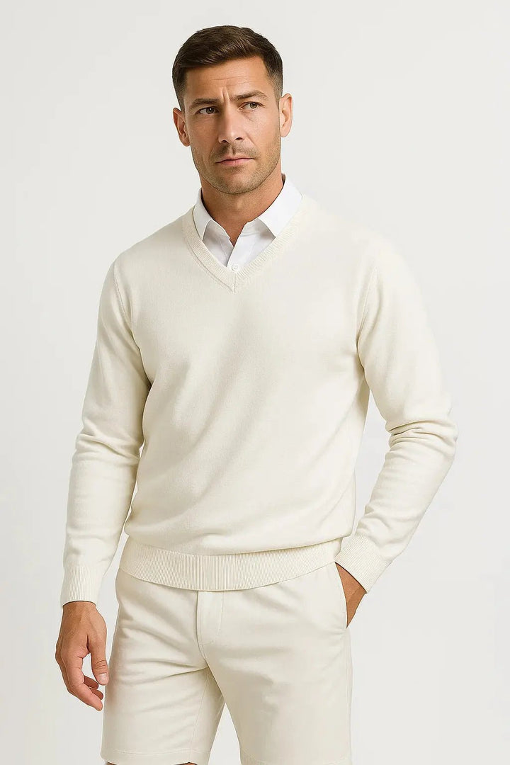 Men's V-Neck Wool Jumper | Slim Fit Elegant Casual Pullover Close Up