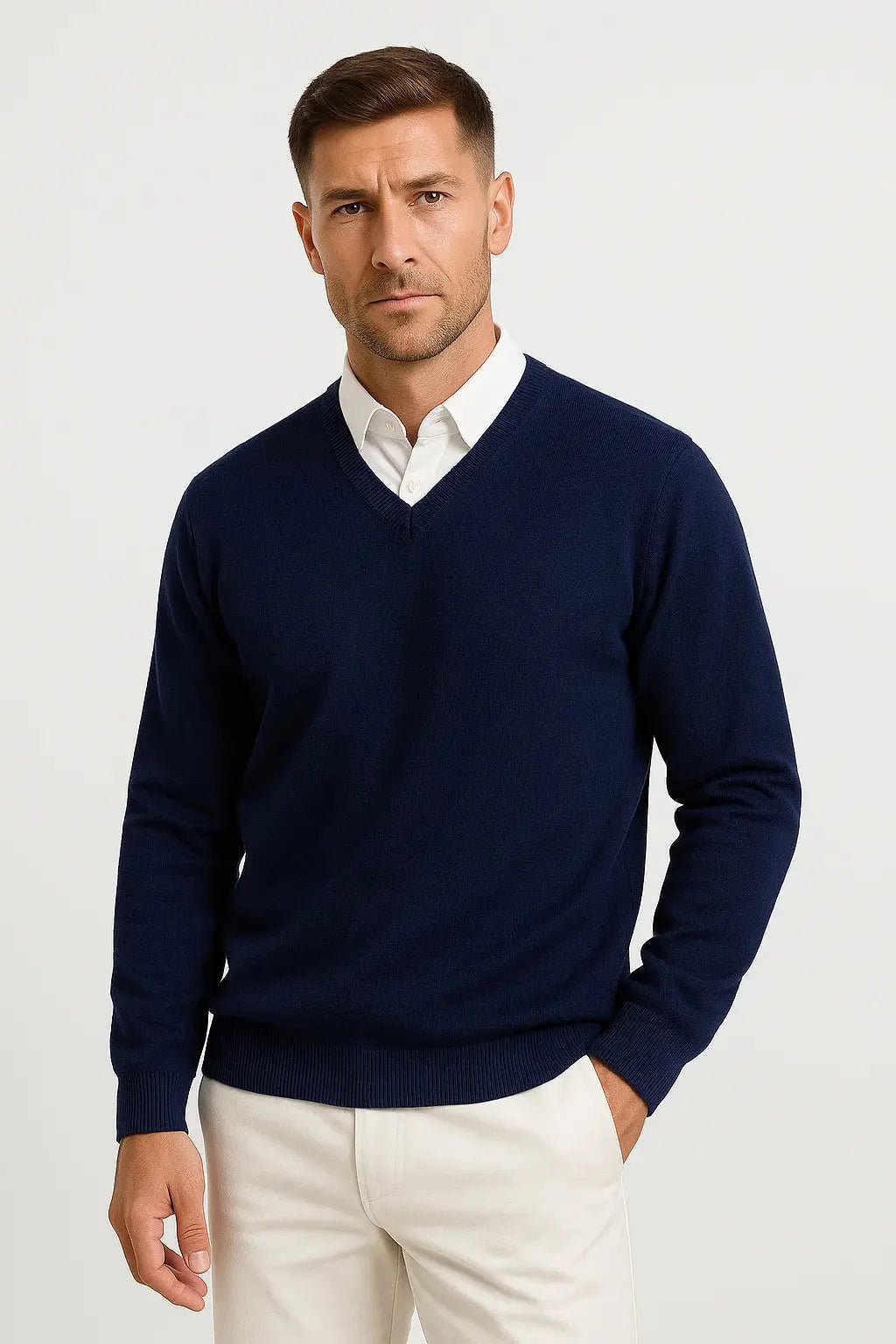 Men's V-Neck Wool Jumper | Slim Fit Elegant Casual Pullover Detail