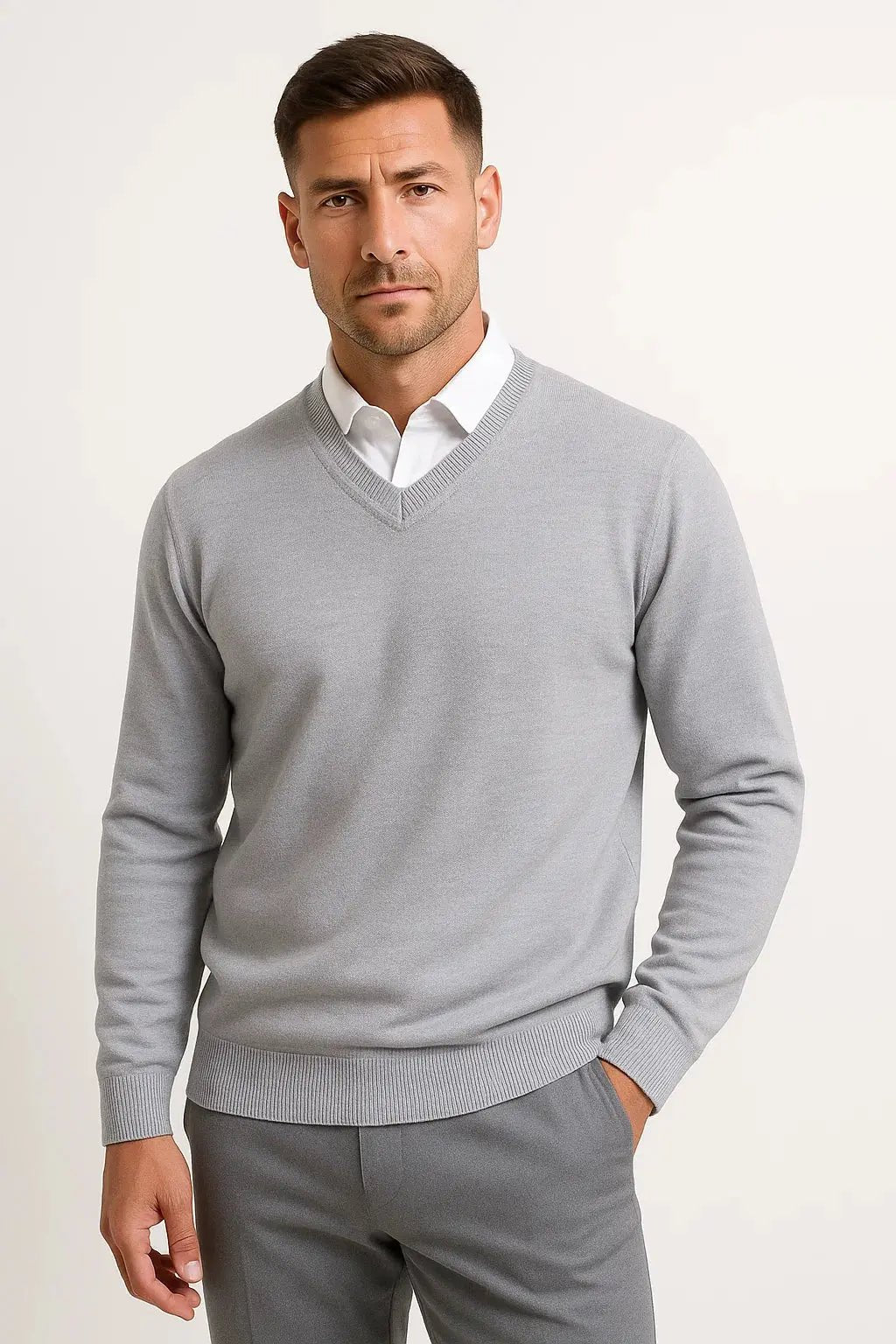 Men's V-Neck Wool Jumper | Slim Fit Elegant Casual Pullover Front