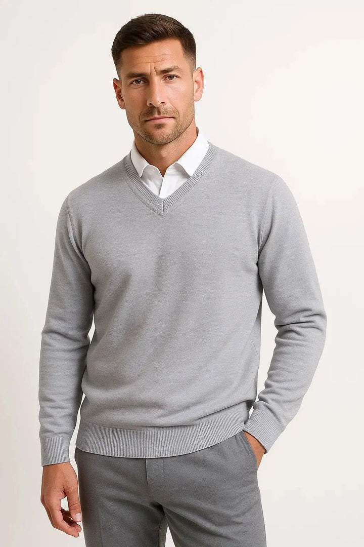 Men's V-Neck Wool Jumper | Slim Fit Elegant Casual Pullover Front