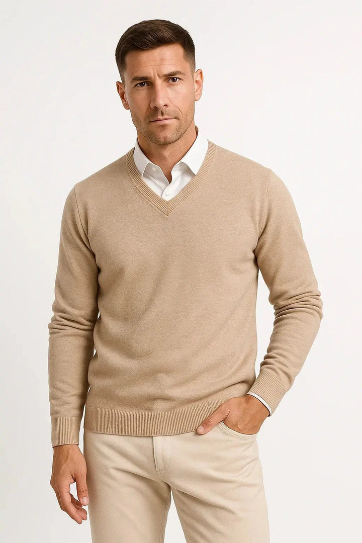 Men's V-Neck Wool Jumper | Slim Fit Elegant Casual Pullover Side