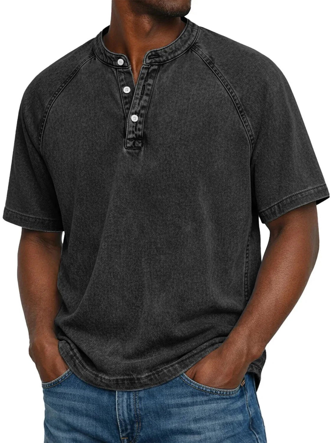 Men's Vintage Button Shirt | Henley Placket Relaxed Fit Close Up