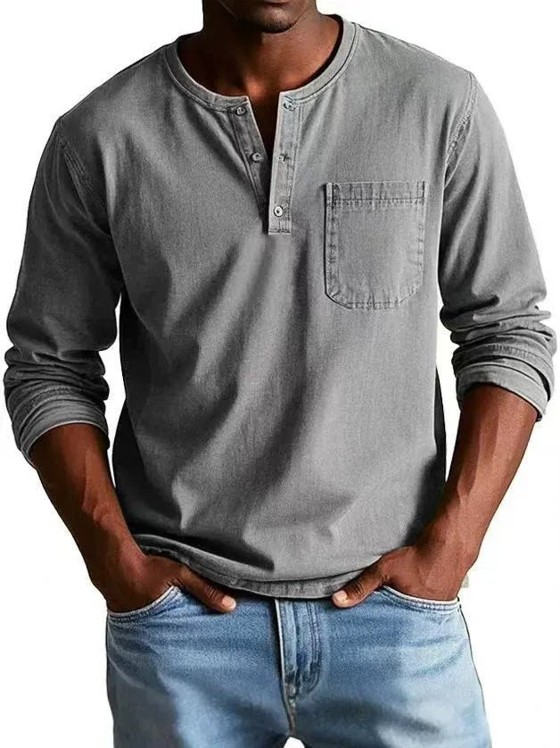 Men's Vintage Henley Shirt | Long Sleeve Washed Finish Angle