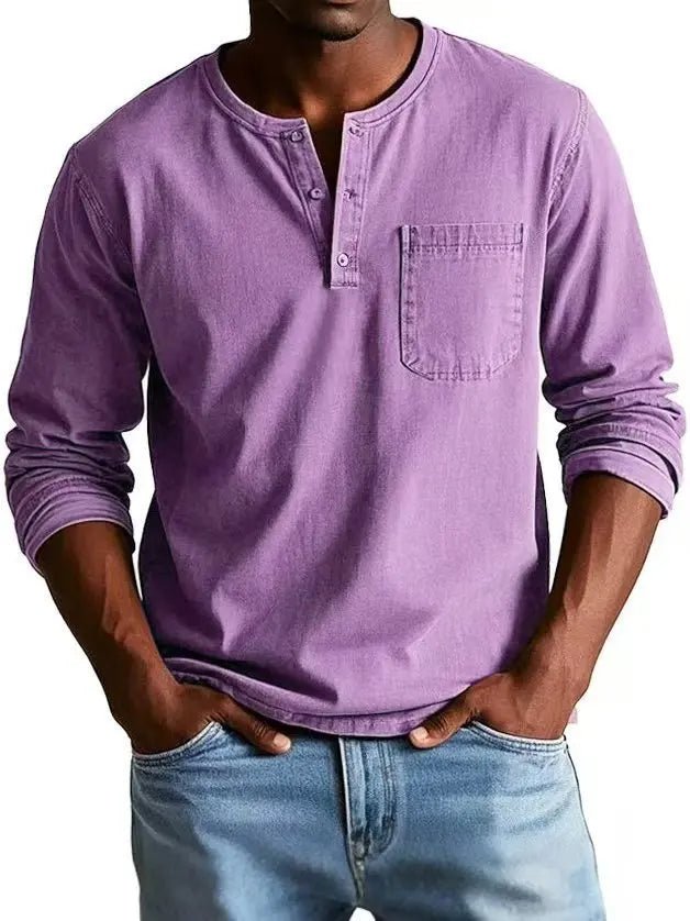 Men's Vintage Henley Shirt | Long Sleeve Washed Finish Close Up