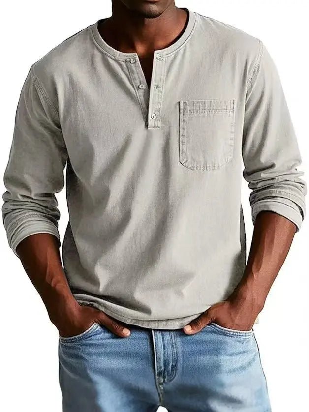 Men's Vintage Henley Shirt | Long Sleeve Washed Finish Detail