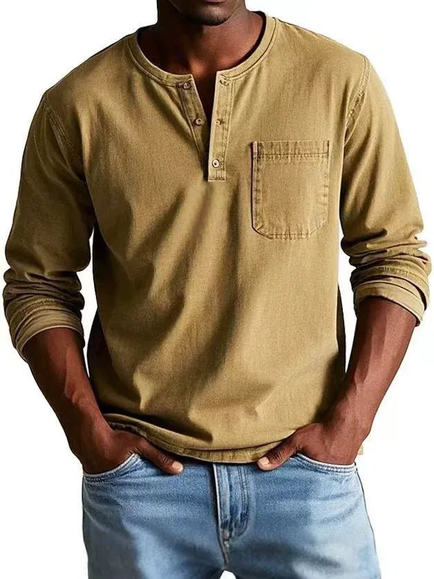 Men's Vintage Henley Shirt | Long Sleeve Washed Finish Full