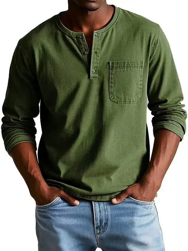Men's Vintage Henley Shirt | Long Sleeve Washed Finish Lifestyle