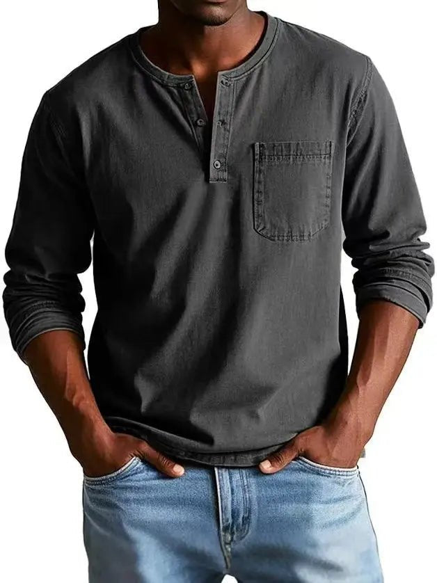 Men's Vintage Henley Shirt | Long Sleeve Washed Finish Side