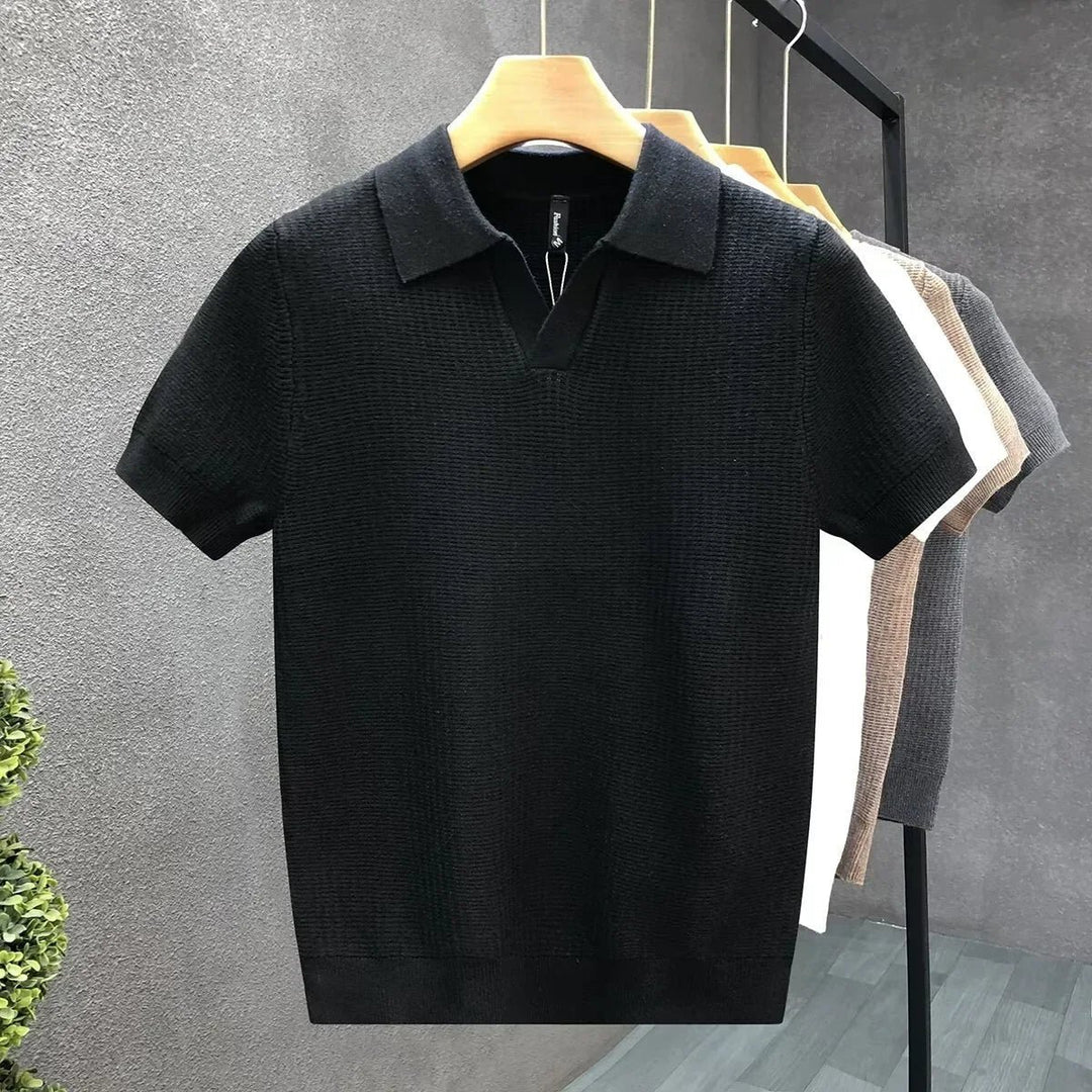 Men's Waffle Knit Polo with Open Collar Detail