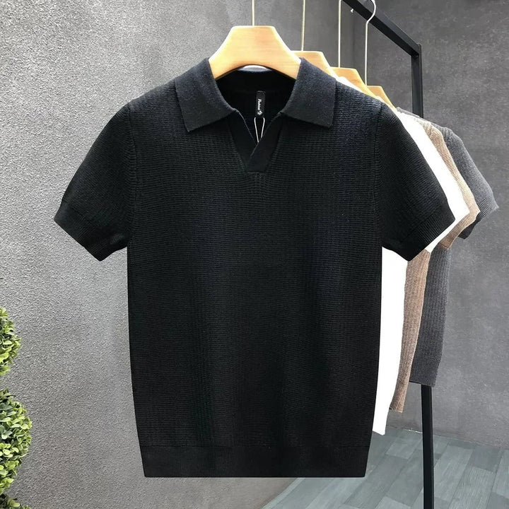 Men's Waffle Knit Polo with Open Collar Detail
