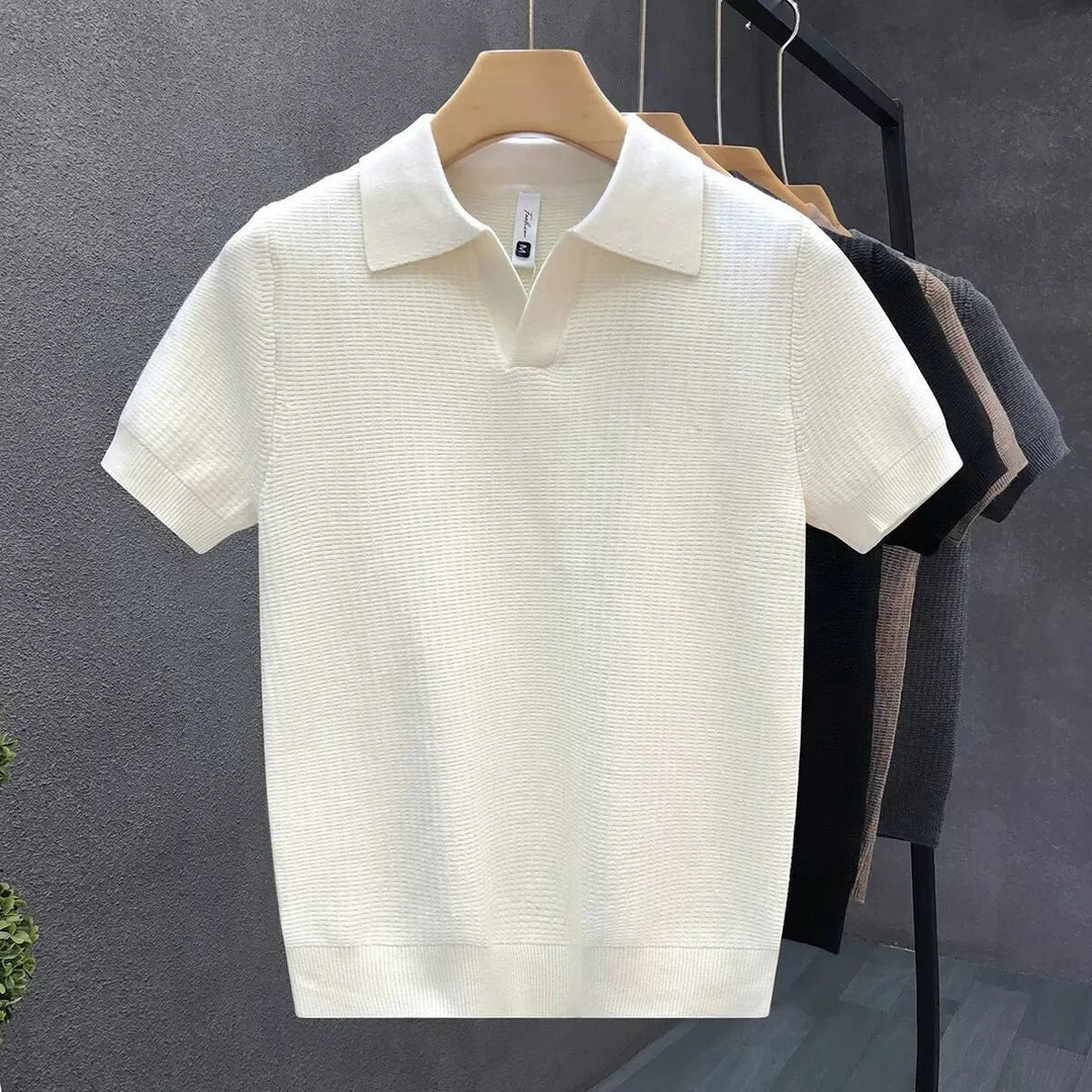 Men's Waffle Knit Polo with Open Collar Front