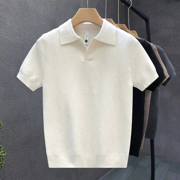 Men's Waffle Knit Polo with Open Collar Front