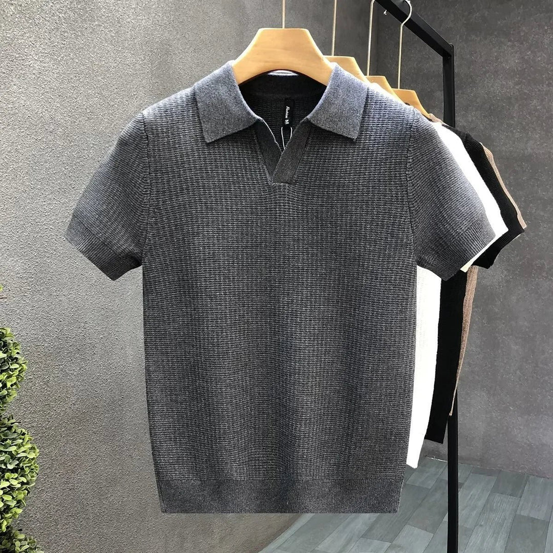 Men's Waffle Knit Polo with Open Collar Side