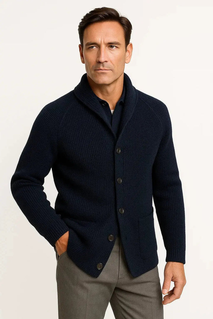 Men's Wool Buttoned Cardigan | Structured Comfortable Fit Close Up