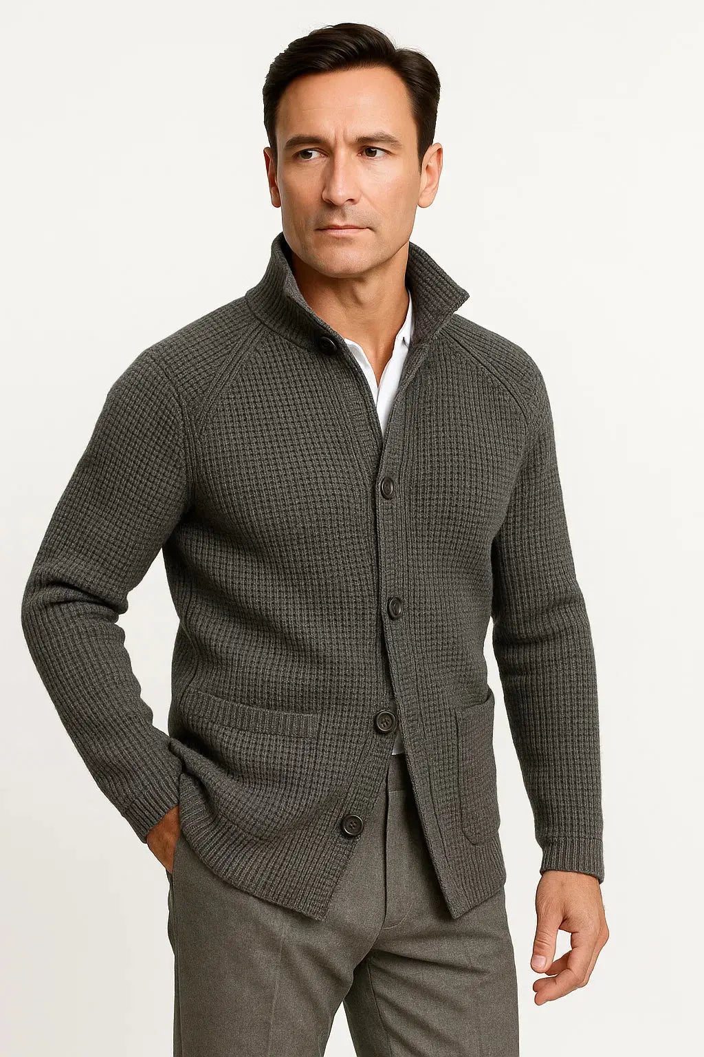 Men's Wool Buttoned Cardigan | Structured Comfortable Fit Side
