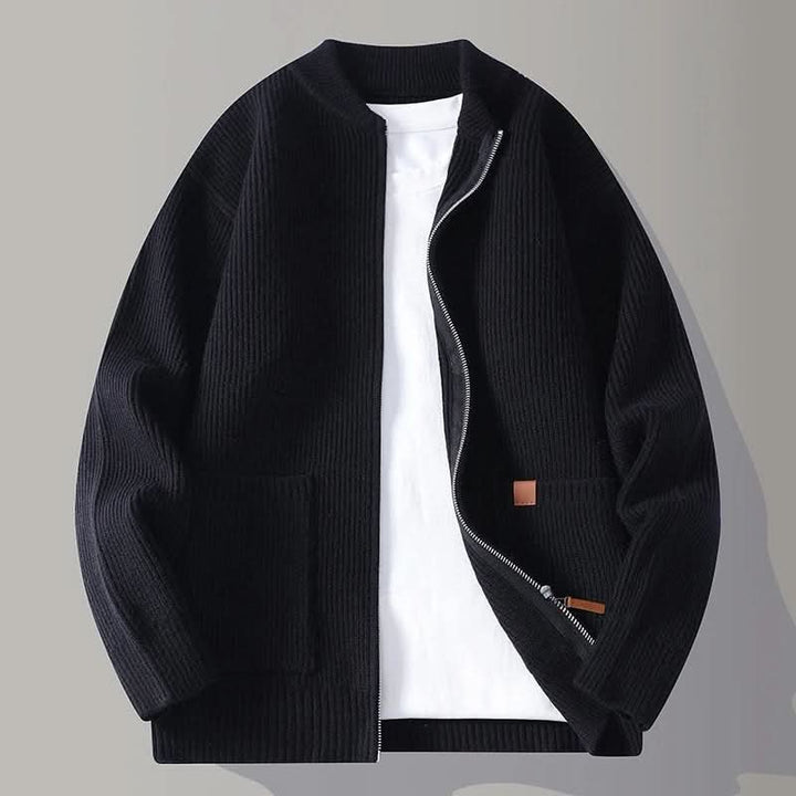 Men's Zip Front Rib Knit Jacket | Bomber Cardigan Fit Angle