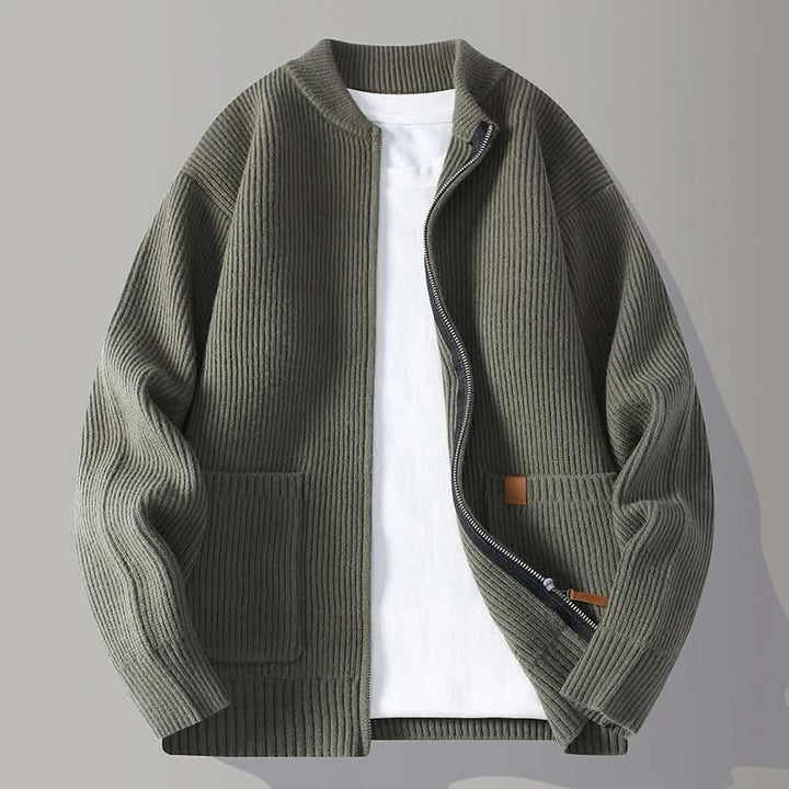 Men's Zip Front Rib Knit Jacket | Bomber Cardigan Fit Close Up