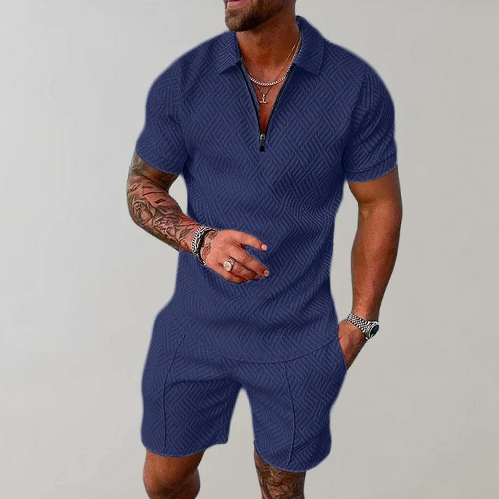 Men's Zip Polo Short Set | Relaxed Fit Co-ord Close Up