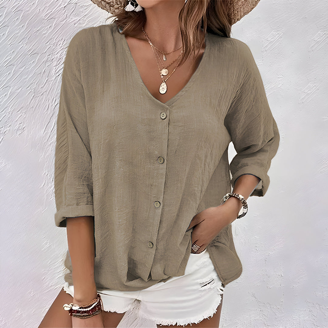 Women’s V Neck Relaxed Button-Up Blouse