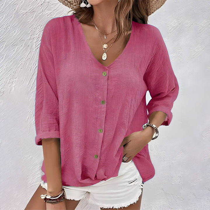 Women’s V Neck Relaxed Button-Up Blouse