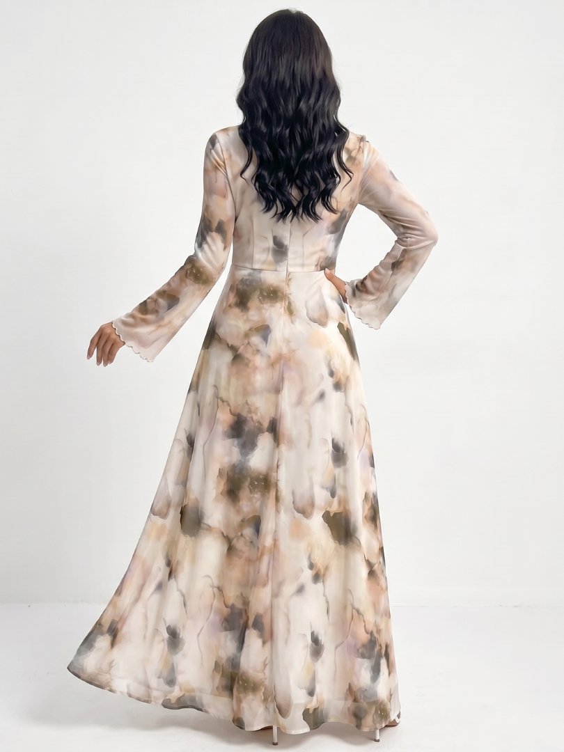 Women's Abstract Print Maxi Dress | Bell Sleeve Defined Waist Back