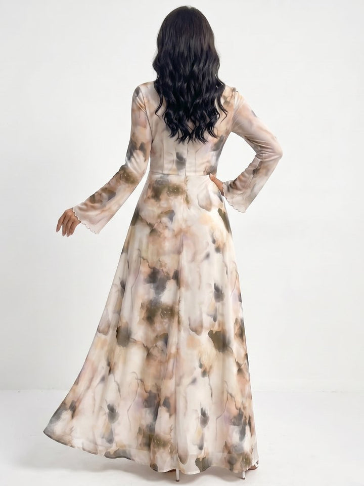 Women's Abstract Print Maxi Dress | Bell Sleeve Defined Waist Back