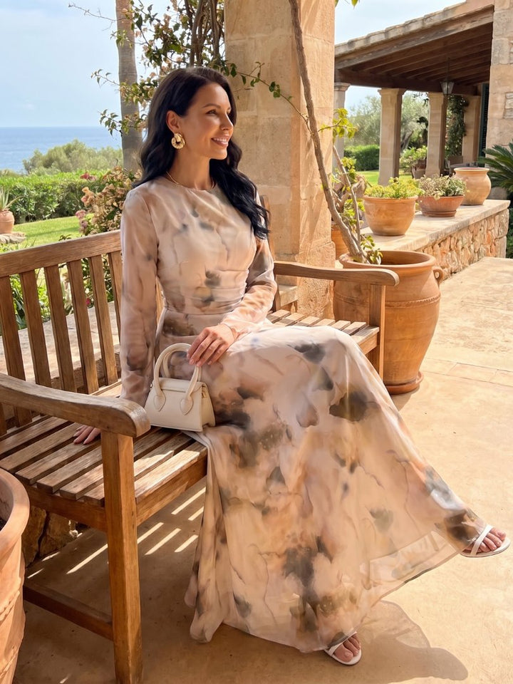 Women's Abstract Print Maxi Dress | Bell Sleeve Defined Waist Close Up