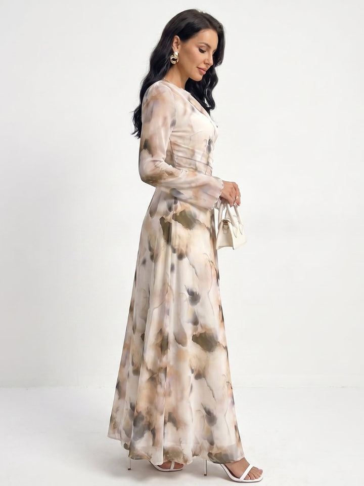 Women's Abstract Print Maxi Dress | Bell Sleeve Defined Waist Detail