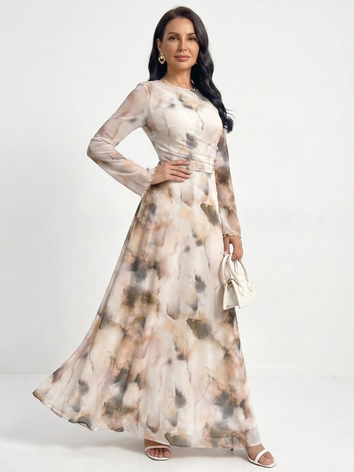 Women's Abstract Print Maxi Dress | Bell Sleeve Defined Waist Front