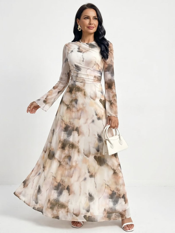 Women's Abstract Print Maxi Dress | Bell Sleeve Defined Waist Hero