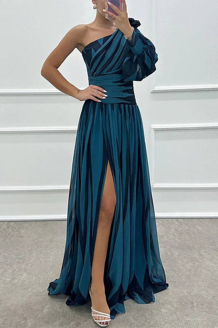 Women's Asymmetric Maxi Dress | One Shoulder Wedding Guest Ruffle Sleeve Angle