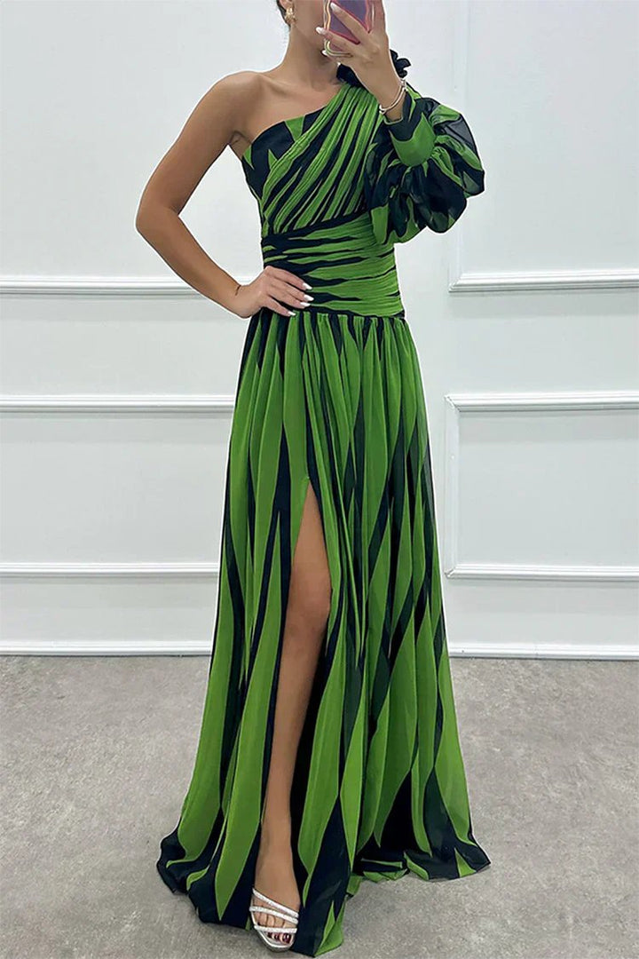 Women's Asymmetric Maxi Dress | One Shoulder Wedding Guest Ruffle Sleeve Close Up